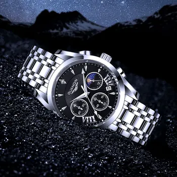 Луксозни кварцов мъжки часовник GUANQIN от неръждаема стомана, фаза на Луната, водоустойчив сапфировые часовници за мъже С сверлом, светлинен хронограф