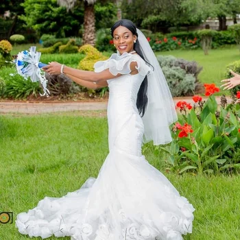 Сватбена рокля с открити рамене в стил Бохо, V-образно деколте, Елегантен Рокля в стил Русалка за младоженци