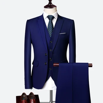Луксозен мъжки сватбен костюм от 3 теми, Модерен мъжки Тънки обикновена комплекти за бизнес офис костюм Голям размер, мъжко сако + панталон + елек