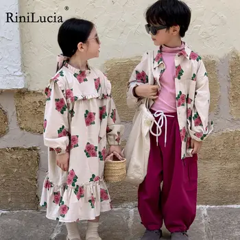 RiniLucia / Новост 2023 година, Рокли с цветя Модел За Малки момичета, Блузи с дълги ръкави за момчета, Есен Детски Дрехи, Скъпа Свободна Детски Дрехи