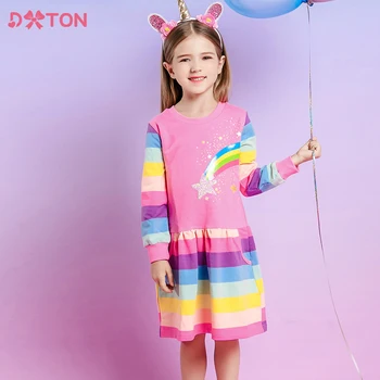 DXTON/ Рокли в розово райе за момичета, Детски Есента и пролетта рокля с дълги ръкави и Звездите, Детско Ежедневна Рокля от 100% Памук за всеки Ден от 3 до 12 години