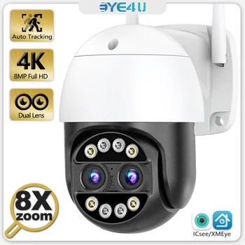 8-Мегапикселова 4K PTZ IP камера WiFi с 8-кратно увеличение, двойна леща, Автоматично проследяване, Откриване на човек, Аудио, видео Камери за наблюдение iCSee Алекса