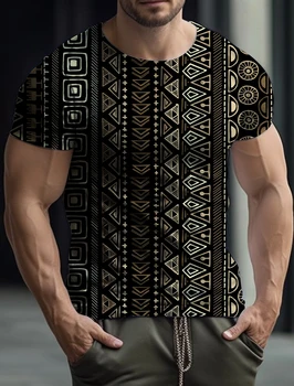 Мъжка тениска в ивица с етнически топ с къс ръкав и 3D пълна печат, Облекло Оверсайз, Градинска ежедневни тениска за мъже, облекло