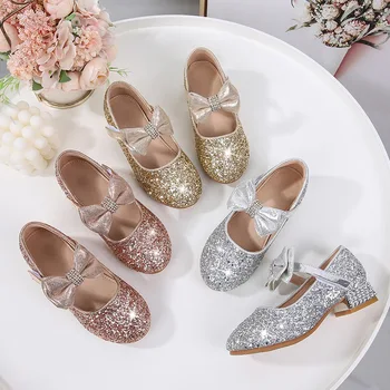 Кристални обувки за момичета, детски обувки принцеса Мери Джейн с бантиком-пеперуда, Детски кристали, Обувки на нисък ток, с Модерна новост Пролет-есен