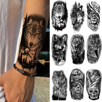 Черни временни татуировки под формата на животни, за мъже, стикер с изображение на вълк и мечка, носи етикет за услугата татуировка на ръката, Водоустойчив