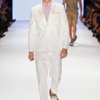Бял мъжки дрехи, модерен Двубортный Блейзър с ревера, Елегантен, ден за ден, Сватбен Смокинг, комплект от 2 теми, мъжки костюми Slim Fit