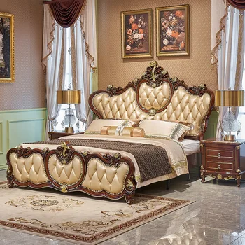 Кожено легло в европейски стил, с двойно легло 1,8 м, резбовани спалня от масивно дърво, вила, основна спалня, луксозен сватбен комплект спално бельо принцеса