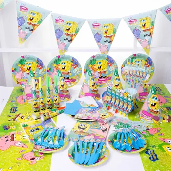 Мультяшная гъба, украса за парти по случай рождения Ден на детето, посуда и прибори за еднократна употреба, хартиени чинии, чаши, стикер с флага, аксесоари за парти в чест на рождения Ден на детето