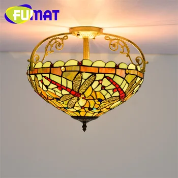 Фумат Тифани 16 инча ретро стил на водно Конче от боядисана стъкло вълни лампа деко за хранене, спалня, антре тавана лампа