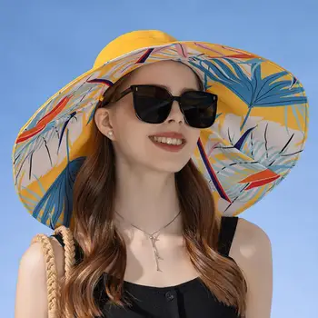 Дамски Солнцезащитная шапка с широка периферия 18 см, Двустранен Луксозен Памучен шапка-кофа с растителна печат, Лек Дишащ годишният цилиндър