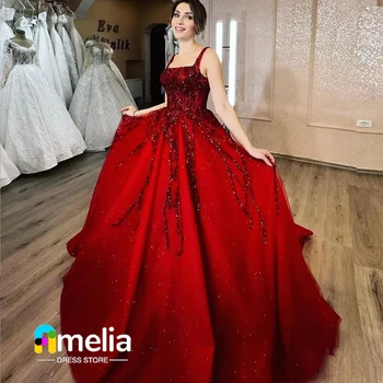 Выпускное рокля Amelia с червена квадратна яка, вечерна рокля без ръкави, с дължина до пода, Лятно женствена рокля за вашата сватба Вечеринки2023