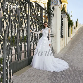 Елегантно Бельо Сватбена рокля от Тюл с висока воротом и дълъг ръкав, Дълги Рокли С Флорални принтом Morden, Апликации от Копчета, Vestidos De Noiva