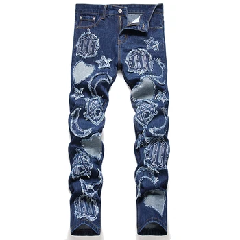 Сини Скъсани мъжки дънки с бродерия в стил пънк, Преки Свободни панталони, Всекидневни Модни каубойски Дънкови панталони