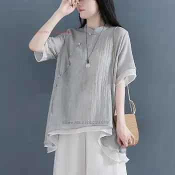 2023 традиционната китайска реколта свободна блуза, дамски етническа риза дзен, националната памучен бельо блуза ципао, чай, блуза ханфу