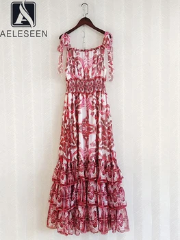 AELESEEN, Подиумное Модно Дамско лятна рокля на спагети презрамки с лък, Червен Цветен Принт, Порцелан Дълъг Елегантен Камизола за плажната партита