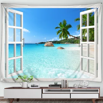 Гоблен С Океански Гледки Бяло Прозорец Островът на Кокосовите Палми на Плажа Природни пейзажи Уютна Всекидневна Декор на Хотел Градина На Стената