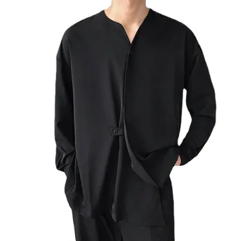 Жилетка, мъжки яке, Есента корейски модерен Свободен тенденция 2023, однотонное винтажное мъжко палто с дълъг ръкав и V-образно деколте