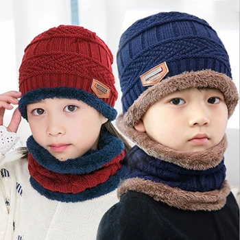 Детска Зимна шапка-Бини, комплект шалове, капачка на руното лигавицата, Вълнен шал, Топло вязаная дебела шапка за момичета и момчета, комплект шапки-шалове