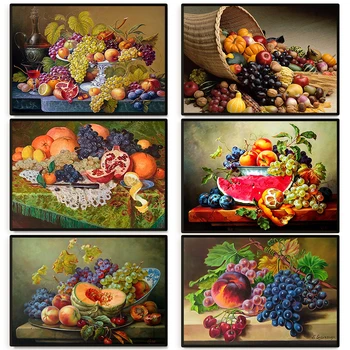 Плакат със зеленчуци и плодове в кошницата, Живопис върху платно в Скандинавски стил, Цветни храна, Стенно изкуство за хранене, декорация на дома в кухнята