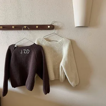 Детски пуловер 2023, пролет-есен, Нов модерен вязаный пуловер в корейски стил за момчета и момичета с букви, ежедневието на обикновен пуловер