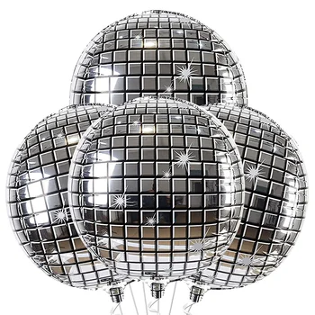 4 бр. Метални Черни, Сребристи Диско-топки, Венец, Арка, 4D балони от сребърно фолио, 2 Инча, 4D балон от метална огледално фолио 80-те години