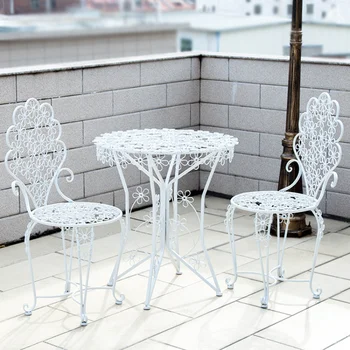 Iron балконный маса и стол, комплект от три елемента, Проста маса с два стола, масичка за кафе, градина на открито, Бяла маса-стол на открито