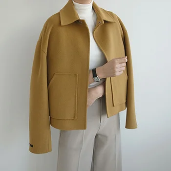 Свободно палто, вълнена ръчно изработени с открити рамене, Есенно-зимния двустранно вълна палто-пашкул 2021, Късо палто Оверсайз, однотонное