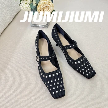 2023 JIUMIJIUMI/ най-Новите есенни обувки-гладиатори с Квадратни пръсти и нитове в Необичаен Стил, дамски обувки-лодки, Модел обувки с Бродерия Sapato Feminino