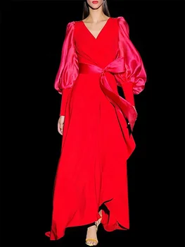 Дамско модно рокля DEAT с v-образно деколте и дълъг ръкав-фенерче в контрастен цвят, елегантни вечерни рокли от дантела, новост есента 2023