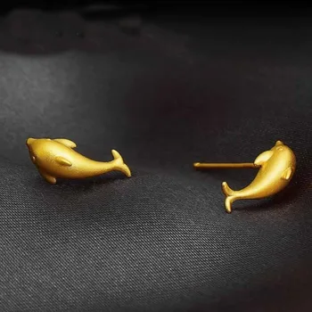 Обеци от чисто жълто злато 24 Карата, Дамски обеци-карамфил с делфини от злато, проба 999