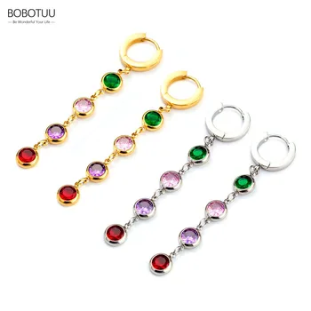 BOBOTUU, блестящи многоцветни кубични циркониеви обеци с геометричен кръг, обеци от неръждаема стомана, дамски висулки BE22192