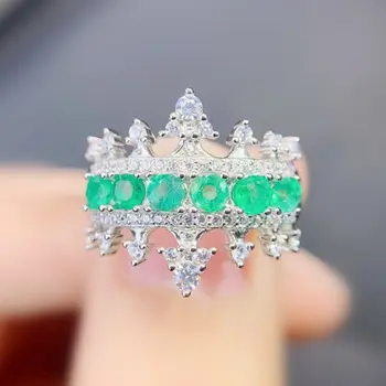 Естествен истински зелен изумруд пръстен Короната луксозен стил Безплатна доставка 0,15 карата * 6шт скъпоценен камък 925 сребро Изискани бижута J238150