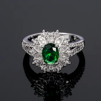 Луксозно Дамско Пръстен с цвете Зелен Цирконий, Очарователни пръстени ангажимент е Сребърен цвят За жени, Модерно Годежен пръстен с малък бял камък