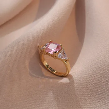 Сладки Розови Квадратни пръстени с цирконием за жени, Ново Модно Регулируем пръстен златен цвят, INS, Модни бижута аксесоари за сватбени партита