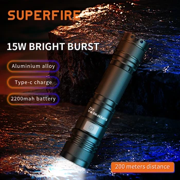 SuperFire A12 Мощен led фенерче 15 Вата с увеличение, ръчен фенер с обхват на 200 м, акумулаторна батерия и usb-c лампа за къмпинг и риболов