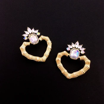 Модни обици-халки с бамбуковым пръстен във формата на сърце Love за жени, геометрични обеци със сини и бели кристали, бижута, подаръци