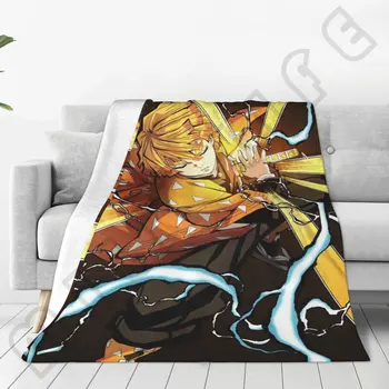 Одеяла Demon Slayer Agatsuma Zenitsu, Фланелевая клетчатая плат с изображение, Аниме, Дышащее супер меки покривки за офис легла