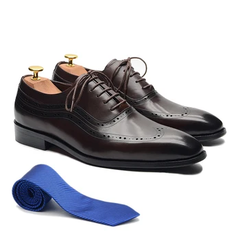 Луксозни мъжки крило Оксфорд рокля, обувки естествена кожа затворени обувки с дантела, с остър нос бизнес сватбени офис вечерни обувки за мъже