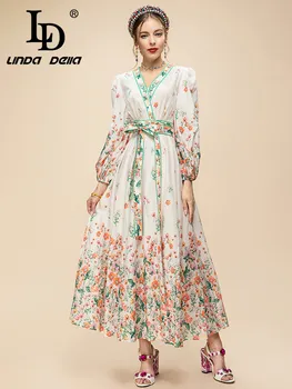 LD LINDA DELLA, ново стилно модно дизайнерско винтажное рокля, секси рокля от чист памук с V-образно деколте и колан с принтом, сминающееся елегантна вечерна рокля