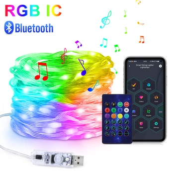 WS2812B Bluetooth USB LED Низ Музика Dream Color Light 5V RGBIC Коледна Гирлянда за Парти в чест на рождения Ден на Декор Приказни Светлини за Дома