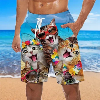 Летни Мъжки плажни шорти Y2k с еластична шнурком, бански костюми с 3D принтом котка, Меки Дишащи плажни шорти на съвсем малък за почивка, S-6XL