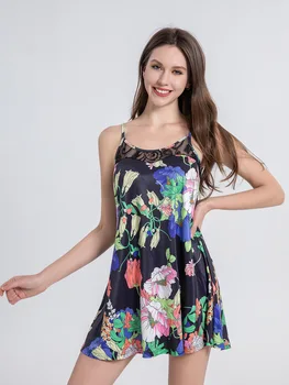 Лято 2023, Ново Секси Мини рокля с завързана с цветна принтом на бретелях, домашно облекло, спално облекло