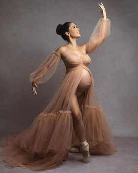 18034 #Тюлевое рокля за бременни с модел Шампанско, ръкави, без презрамки, Дълга поредица от рюшами, Фотографска рокля за бременна жена