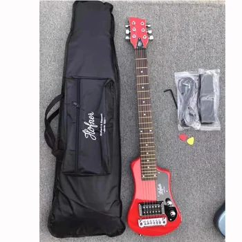 Отличен 6-струнен червена мини електрическа китара 34 инча с гланцово покритие, корпус от масив липа, Удобна китара за пътуване с чанта