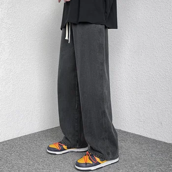 Директни широки дънки, Мъжки Есенни нови модни дънки в стил Харадзюку с еластична гумена лента за кръста, ежедневни широки улични дънкови панталони