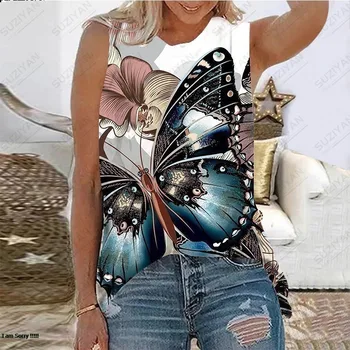 Новата модерна дамска тениска свободно намаляване без ръкави с 3D принтом, ежедневни годишната жена на майк голям размер, с фрагменти, топ без ръкави