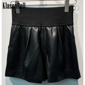 Дамски къси панталони от изкуствена кожа с черен надпис KlasonBell 9,12 с висока талия