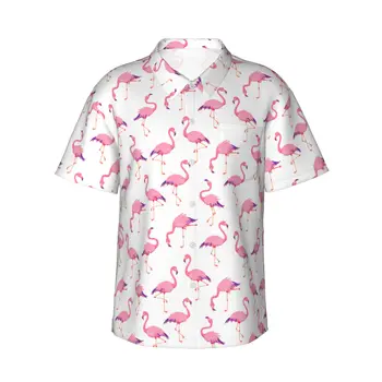 Розови Мъжки Ежедневни Хавайски ризи с Фламинго, Плажни Ризи с къс ръкав и копчета, Ризи с тропически цветен Модел