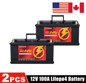 2 бр. Литиеви батерии FIUNIE 12V 100Ah LiFePO4 1280 W, 100A BMS, срок на служба 10 години, до 6000 дълбоки цикли на Литиево-желязо батерия