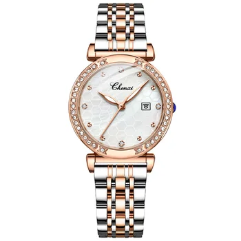 CHENXI 313 Дамска мода Розово злато Водоустойчив Кварцов часовник Лукс от най-добрите на марката Подарък Дамски Кожени ръчен часовник с Календар